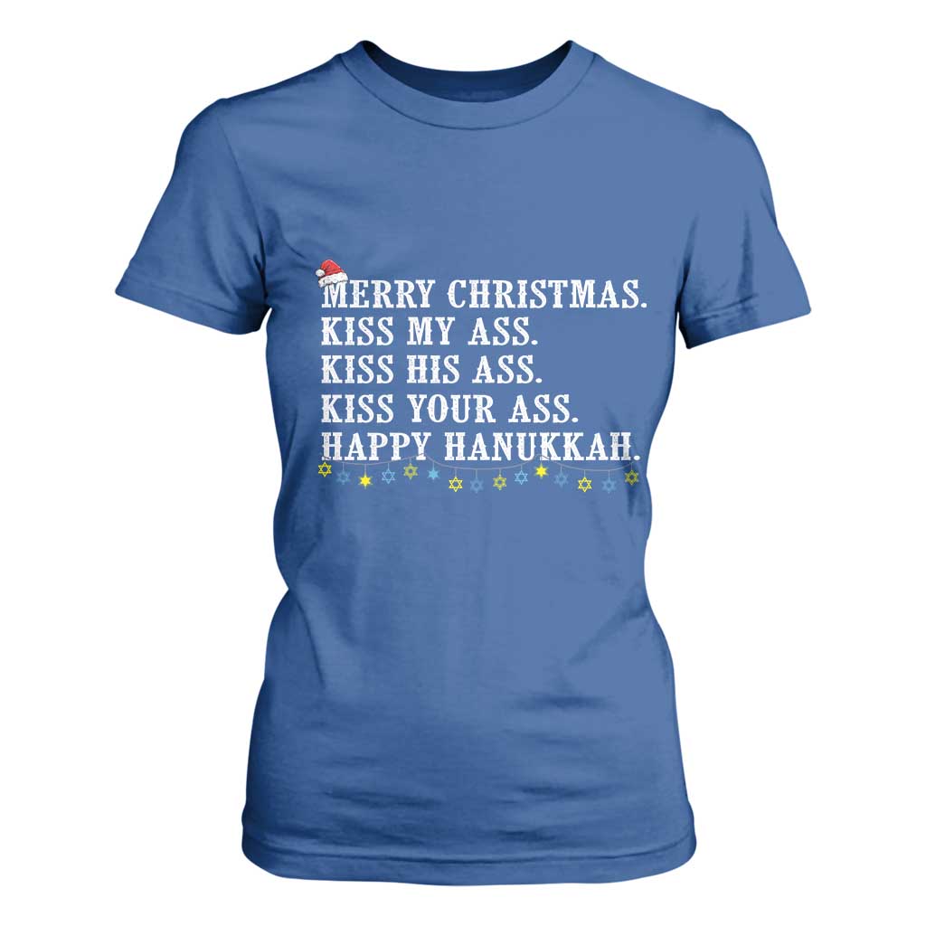 Funny Merry Christmas Kiss My His Your Ass Happy Hanukkah T Shirt For Women TS11 Royal Blue Print Your Wear
