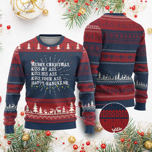 Funny Merry Xmas Kiss My His Your Ass Happy Hanukkah Ugly Christmas Sweater TS11 Burgundy Print Your Wear