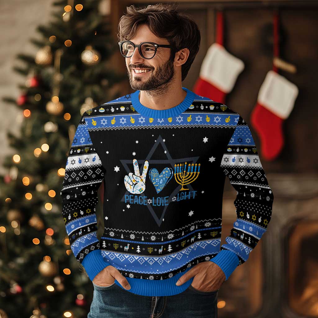Peace Love Light Chanukah Jewish David Star Hanukkah Ugly Sweater TS11 Black Blue Print Your Wear