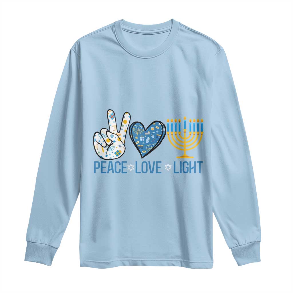 Hanukkah Long Sleeve Shirt Peace Love Light Chanukah Jewish David Star TS11 Light Blue Print Your Wear