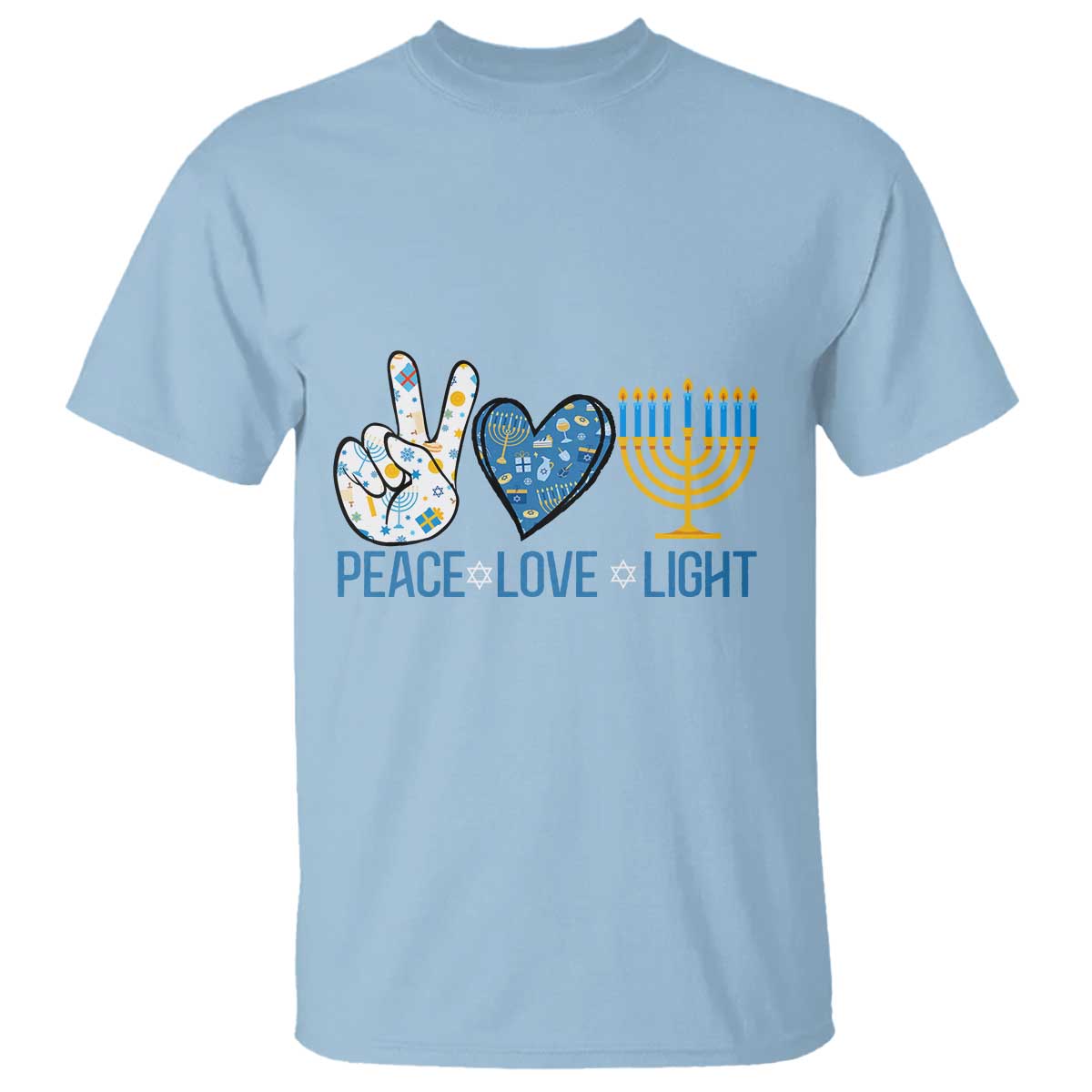 Hanukkah T Shirt Peace Love Light Chanukah Jewish David Star TS11 Light Blue Print Your Wear