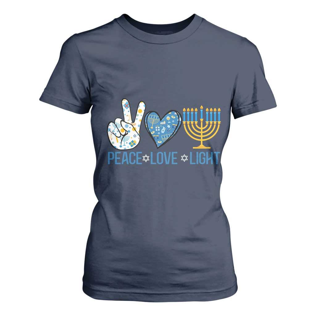 Hanukkah T Shirt For Women Peace Love Light Chanukah Jewish David Star TS11 Navy Print Your Wear