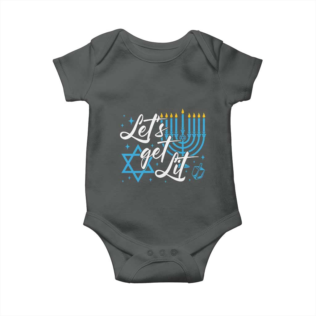 Funny Hanukkah Baby Onesie Let's Get Lit Menorah David Star TS11 Dark Heather Print Your Wear