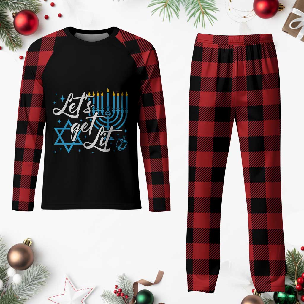 Funny Hanukkah Plaid Pajama Set Let's Get Lit Menorah David Star TS11 Buffalo Plaid Print Your Wear