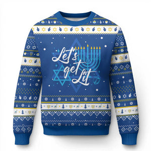 Funny Chanukah Hanukkah Ugly Sweater Let's Get Lit Menorah David Star TS11 Blue White Print Your Wear