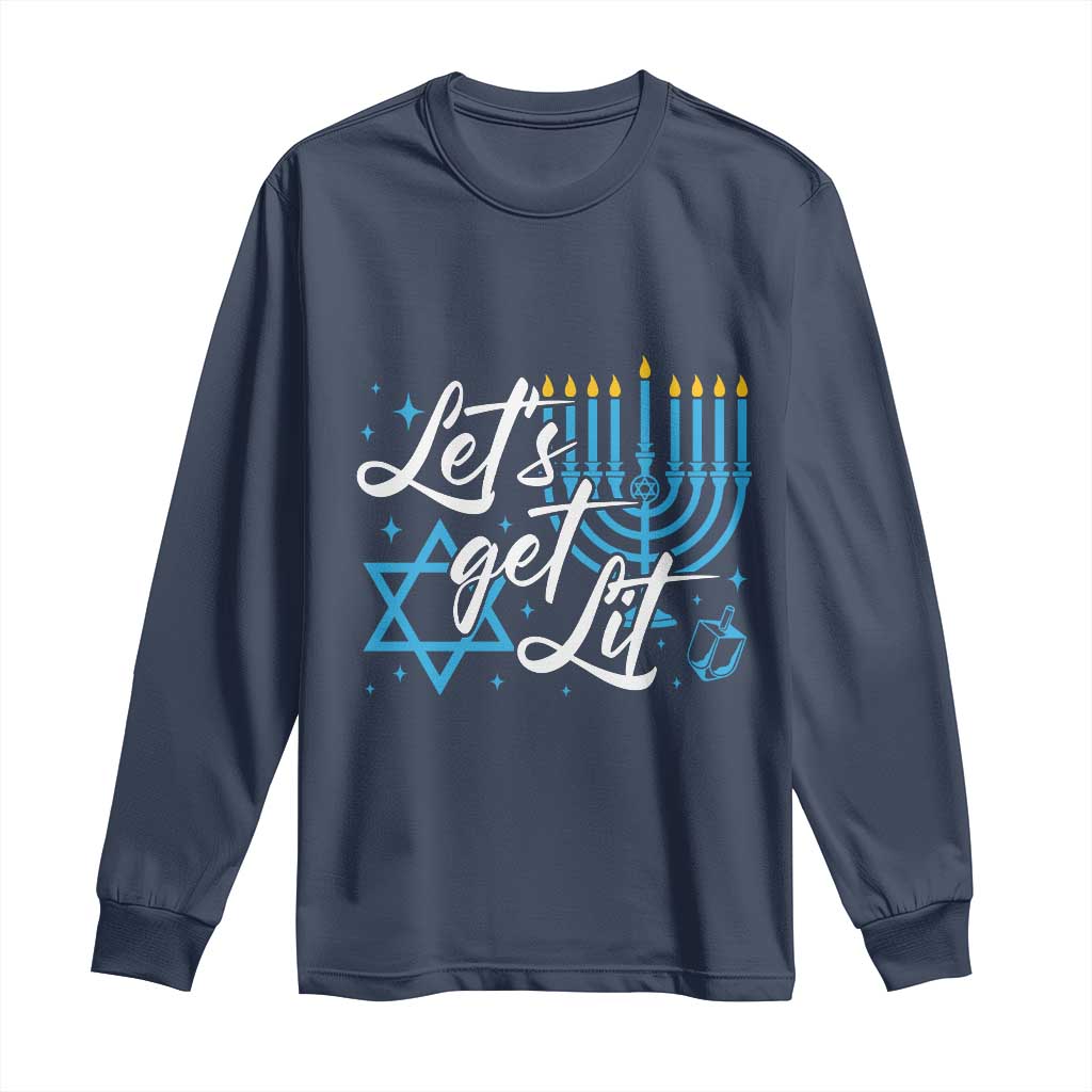 Funny Hanukkah Long Sleeve Shirt Let's Get Lit Menorah David Star TS11 Navy Print Your Wear