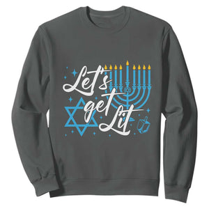 Funny Hanukkah Sweatshirt Let's Get Lit Menorah David Star TS11 Dark Heather Print Your Wear