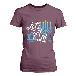 Funny Hanukkah T Shirt For Women Let's Get Lit Menorah David Star TS11 Maroon Print Your Wear