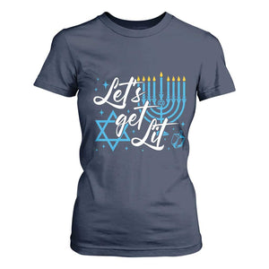 Funny Hanukkah T Shirt For Women Let's Get Lit Menorah David Star TS11 Navy Print Your Wear