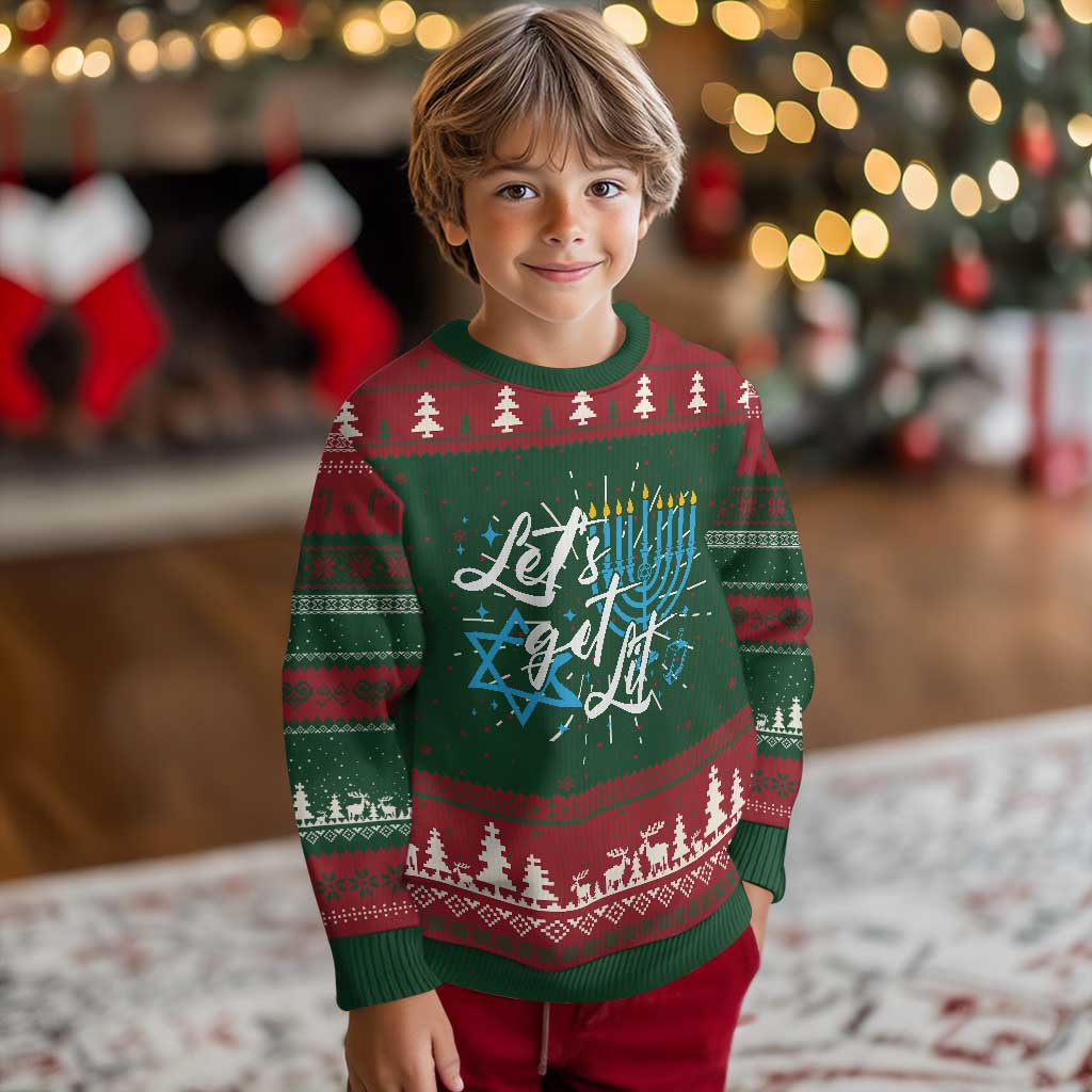 Funny Hanukkah Ugly Christmas Sweater Let's Get Lit Menorah David Star TS11 Christmas Print Your Wear