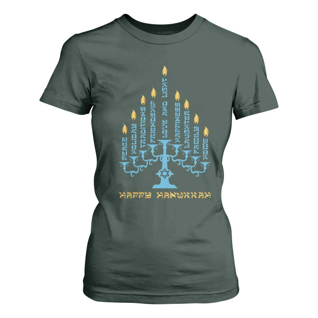 Happy Hanukkah Menorah Chanukah Jewish Holiday T Shirt For Women TS11 Dark Forest Green Print Your Wear