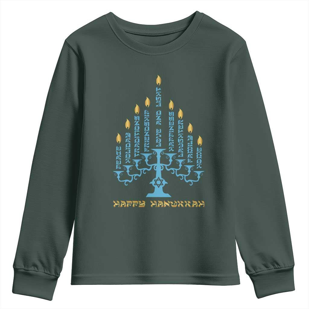 Happy Hanukkah Menorah Chanukah Jewish Holiday Youth Sweatshirt TS11 Dark Forest Green Print Your Wear