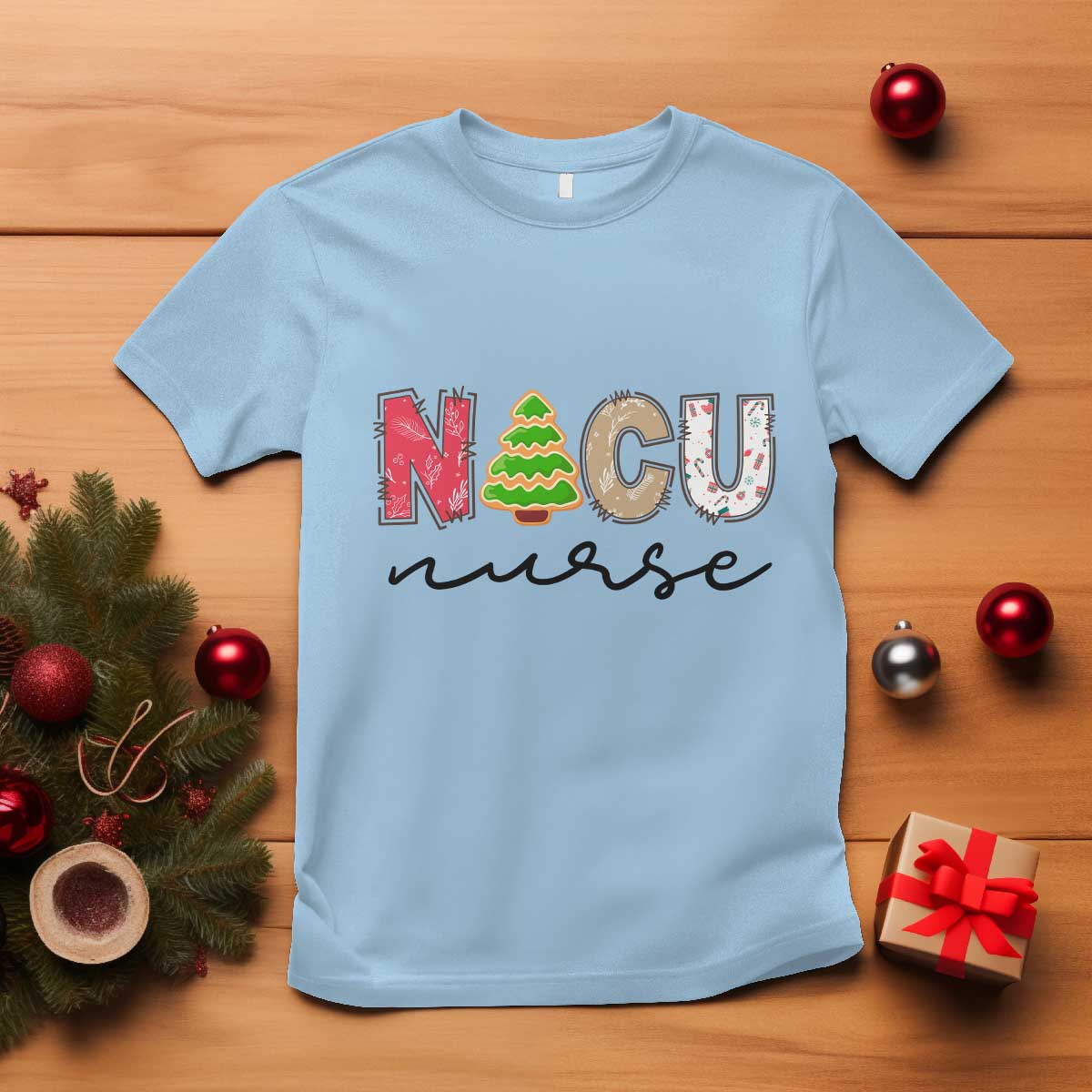 Funny NICU Labor Delivery Nurse Christmas Christmas Tree T Shirt TS11 Light Blue Print Your Wear