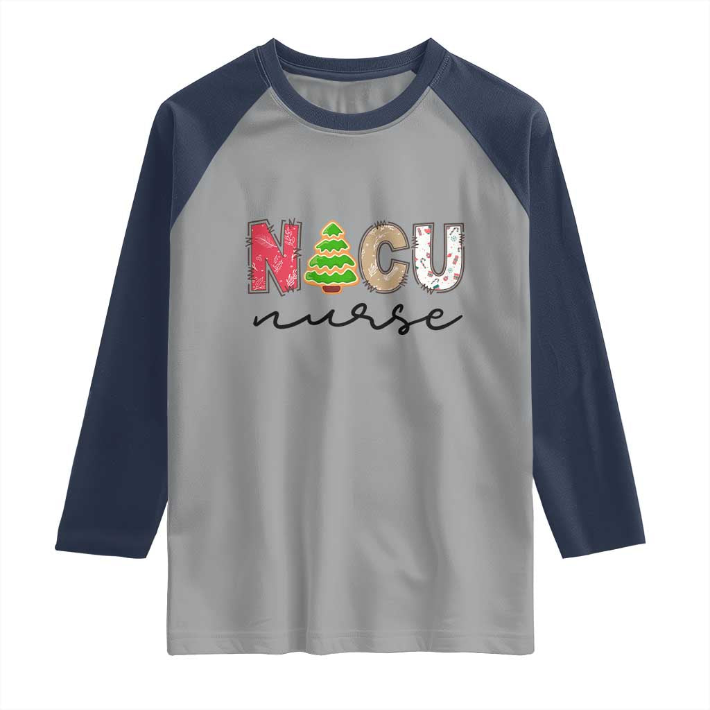 Funny NICU Labor Delivery Nurse Christmas Christmas Tree Raglan Shirt TS11 Sport Gray Navy Print Your Wear