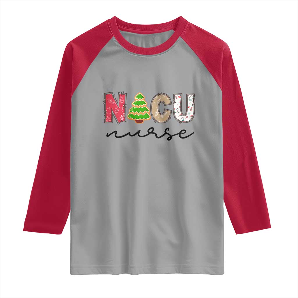 Funny NICU Labor Delivery Nurse Christmas Christmas Tree Raglan Shirt TS11 Sport Gray Red Print Your Wear