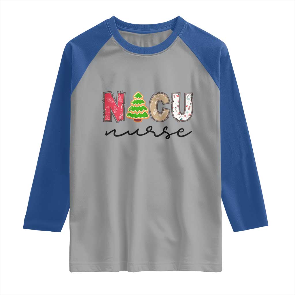 Funny NICU Labor Delivery Nurse Christmas Christmas Tree Raglan Shirt TS11 Sport Gray Royal Print Your Wear