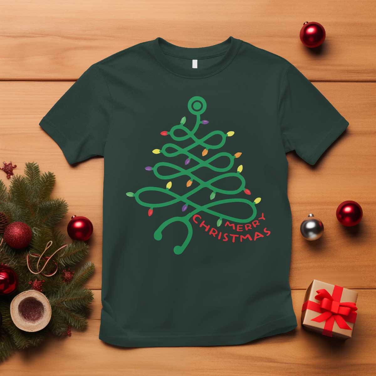 Funny Merry Christmas Nurse T Shirt Stethoscope Xmas Tree TS11 Dark Forest Green Print Your Wear