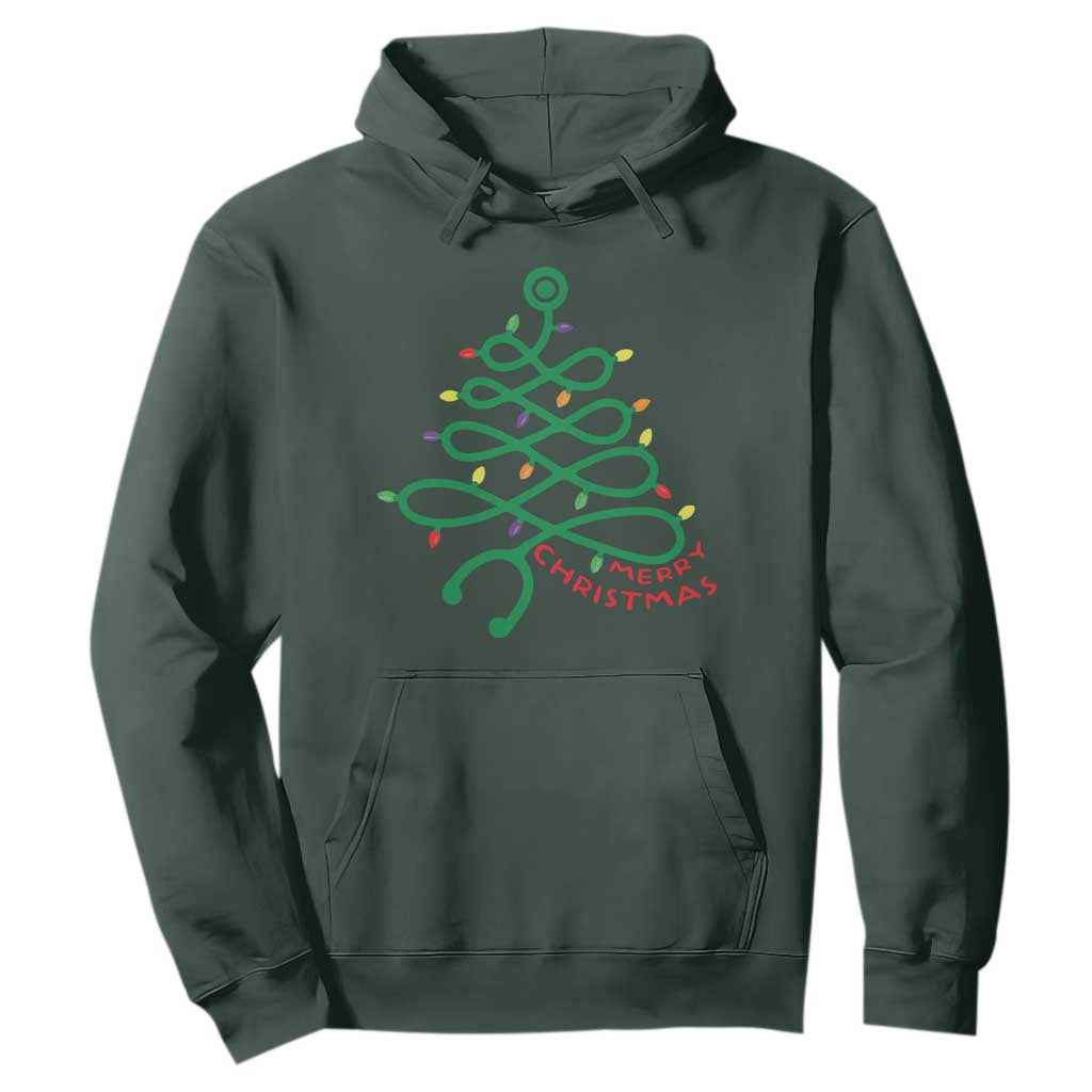 Funny Merry Christmas Nurse Hoodie Stethoscope Xmas Tree TS11 Dark Forest Green Print Your Wear