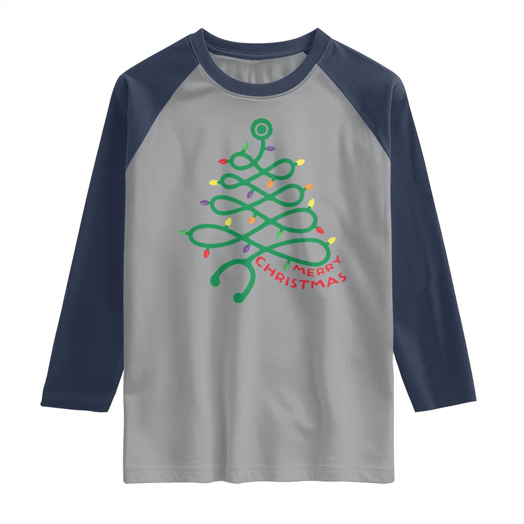 Funny Merry Christmas Nurse Raglan Shirt Stethoscope Xmas Tree TS11 Sport Gray Navy Print Your Wear