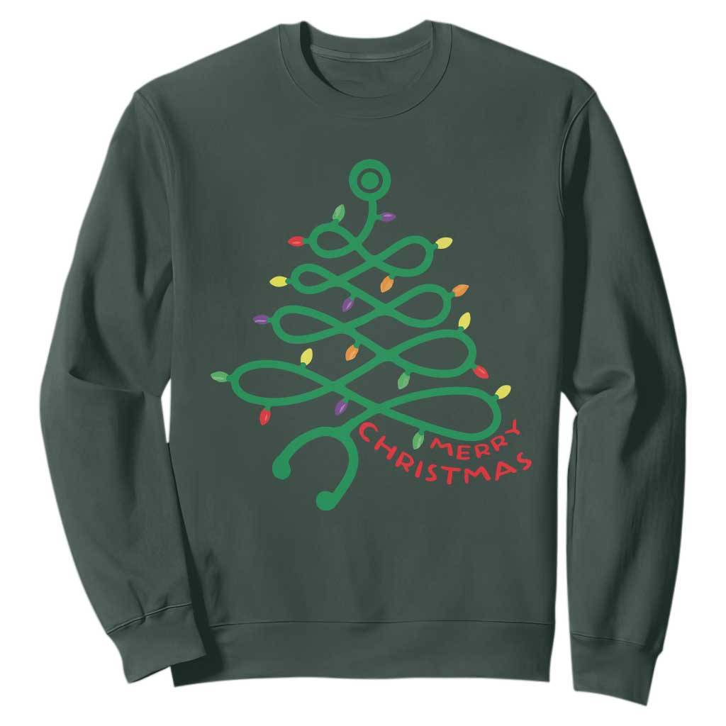 Funny Merry Christmas Nurse Sweatshirt Stethoscope Xmas Tree TS11 Dark Forest Green Print Your Wear
