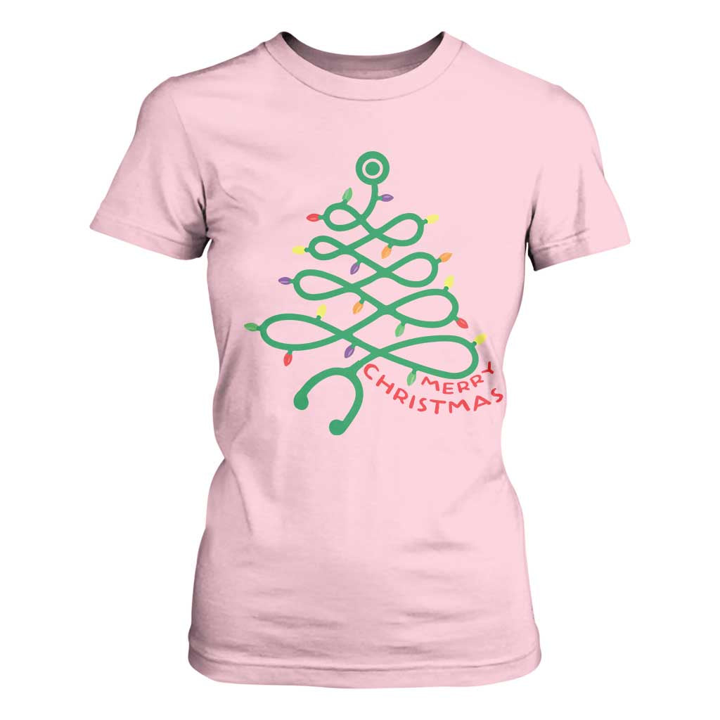Funny Merry Christmas Nurse T Shirt For Women Stethoscope Xmas Tree TS11 Light Pink Print Your Wear