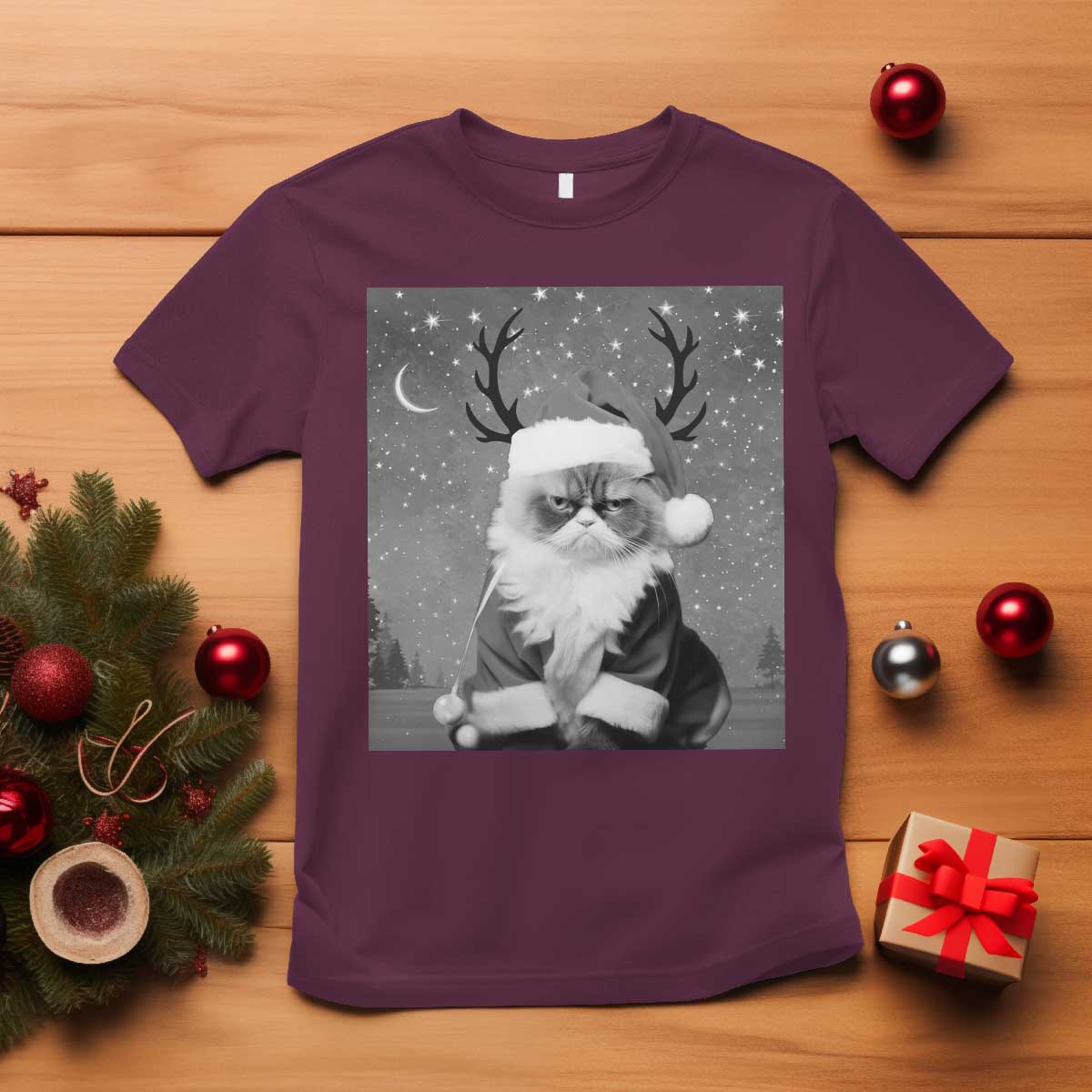 Funny Christmas Santa Grumpy Cat T Shirt TS11 Maroon Print Your Wear