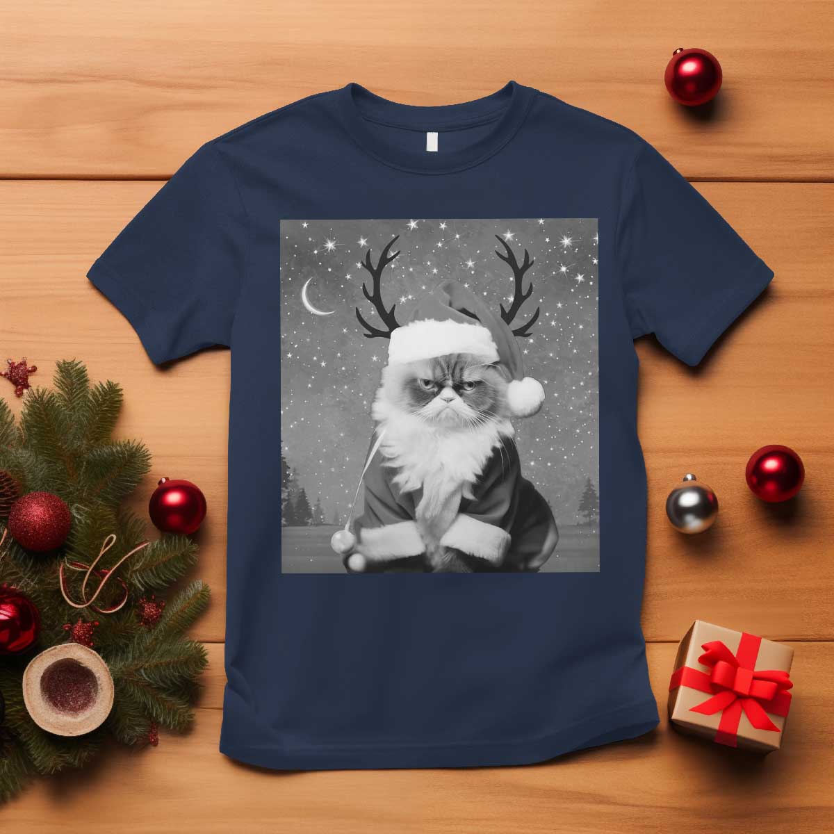 Funny Christmas Santa Grumpy Cat T Shirt TS11 Navy Print Your Wear