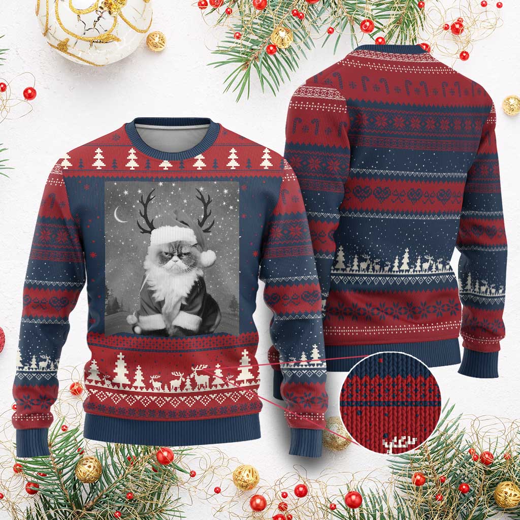 Funny Xmas Santa Grumpy Cat Ugly Christmas Sweater TS11 Burgundy Print Your Wear