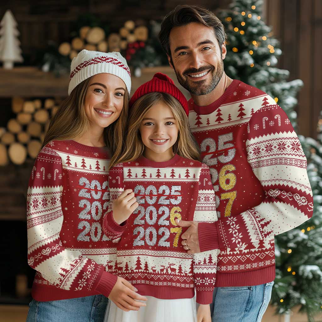Funny 67 New Year Ugly Christmas Sweater Happy New Year 2026 2027 Six Seven Meme Faux Glitter Effect Printed TS11 Red Beige Print Your Wear