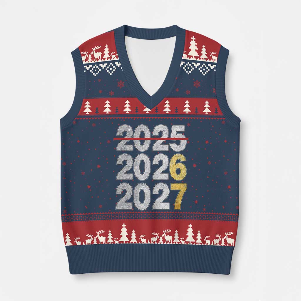 Funny 67 New Year V-Neck Knit Sweater Vest Happy New Year 2026 2027 Six Seven Meme Faux Glitter Effect Printed TS11 Navy Red Print Your Wear