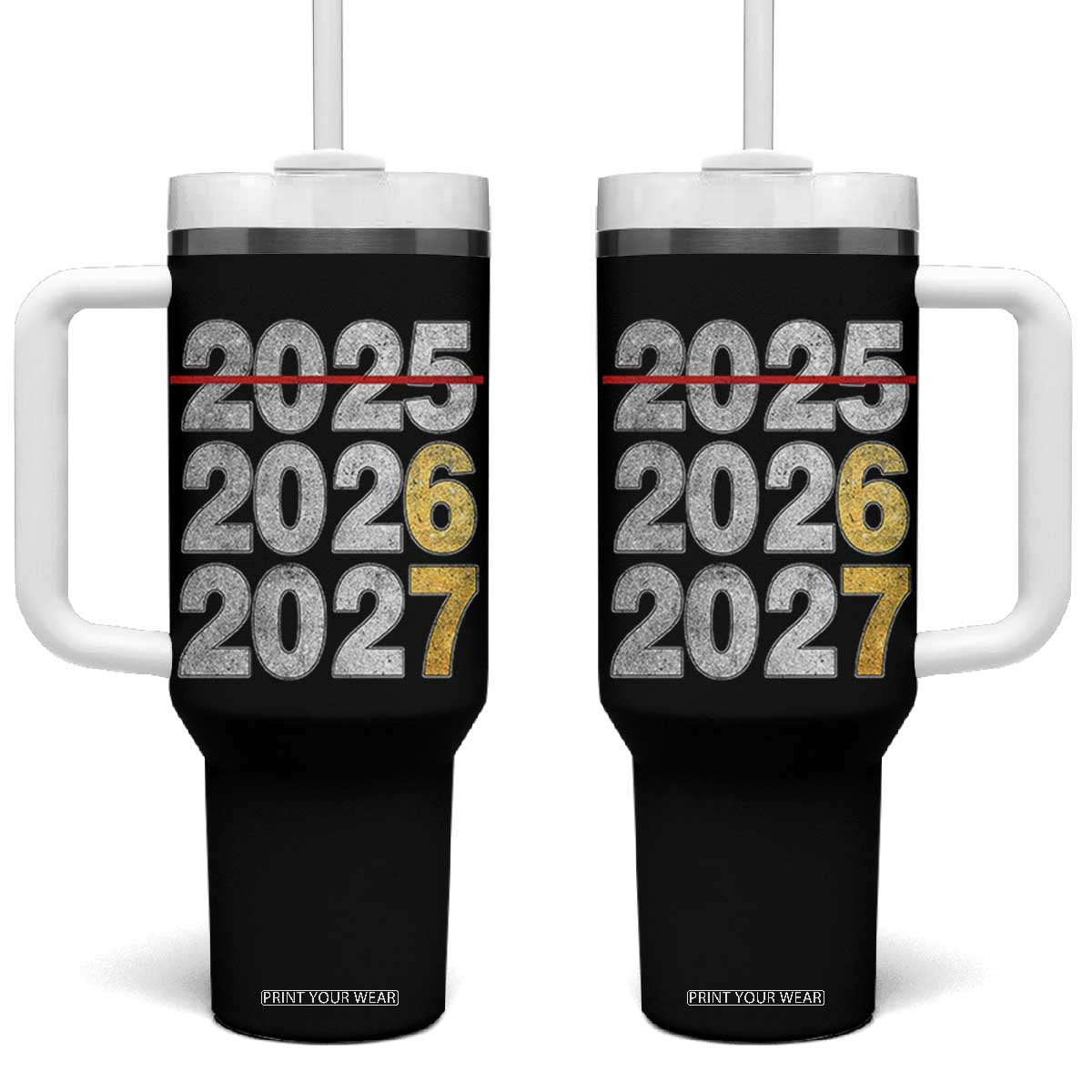 Funny 67 New Year Tumbler With Handle Happy New Year 2026 2027 Six Seven Meme Faux Glitter Effect Printed TS11 One Size: 40 oz Black Print Your Wear