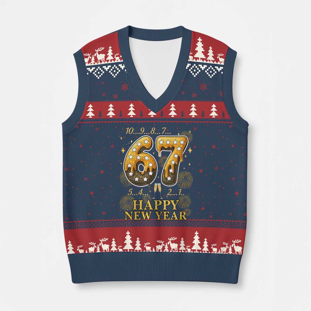 Funny 67 New Years Eve V-Neck Knit Sweater Vest Countdown New Year Party 2026 Six Seven Meme TS11 Navy Red Print Your Wear