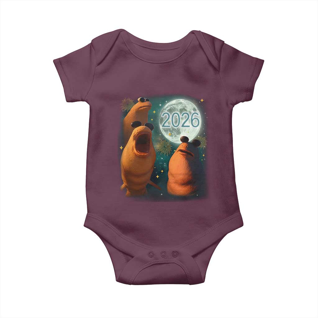 Funny Marcus The Worm New Year Baby Onesie Happy New Year 2026 Moon NYE Party TS11 Maroon Print Your Wear