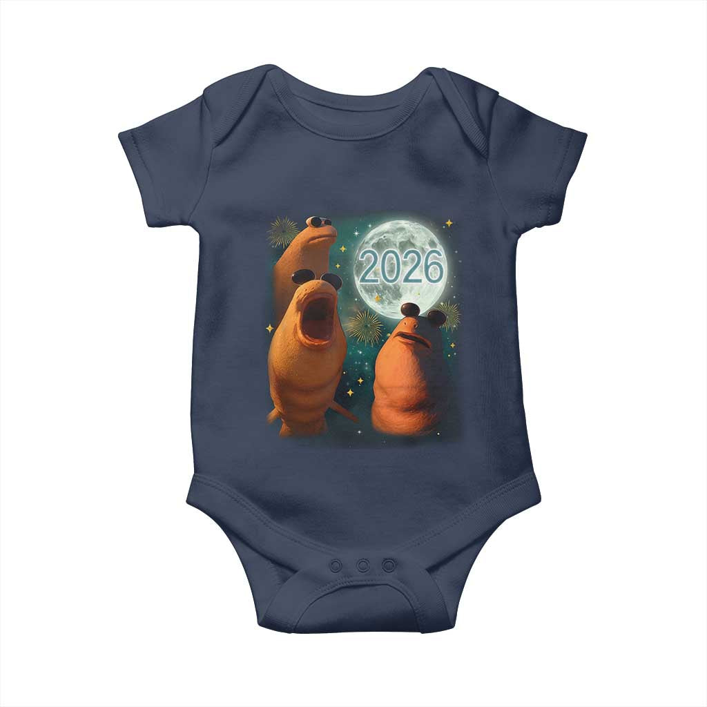 Funny Marcus The Worm New Year Baby Onesie Happy New Year 2026 Moon NYE Party TS11 Navy Print Your Wear