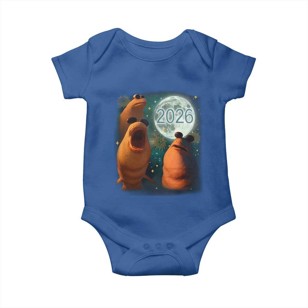 Funny Marcus The Worm New Year Baby Onesie Happy New Year 2026 Moon NYE Party TS11 Royal Blue Print Your Wear