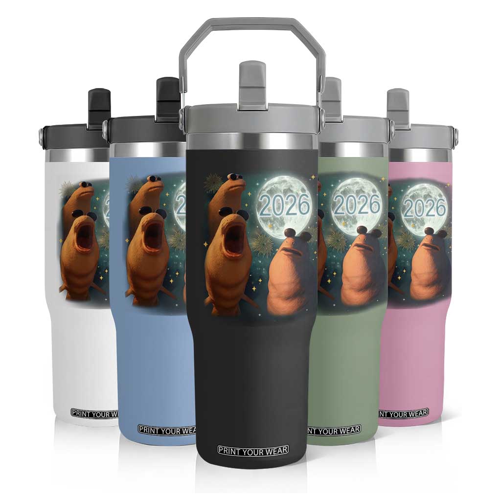 Funny Marcus The Worm New Year Flip Straw Tumbler Happy New Year 2026 Moon NYE Party TS11 Print Your Wear