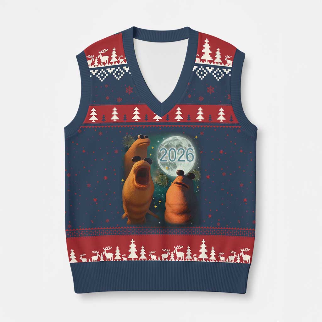 Funny Marcus The Worm New Year V-Neck Knit Sweater Vest Happy New Year 2026 Moon NYE Party TS11 Navy Red Print Your Wear