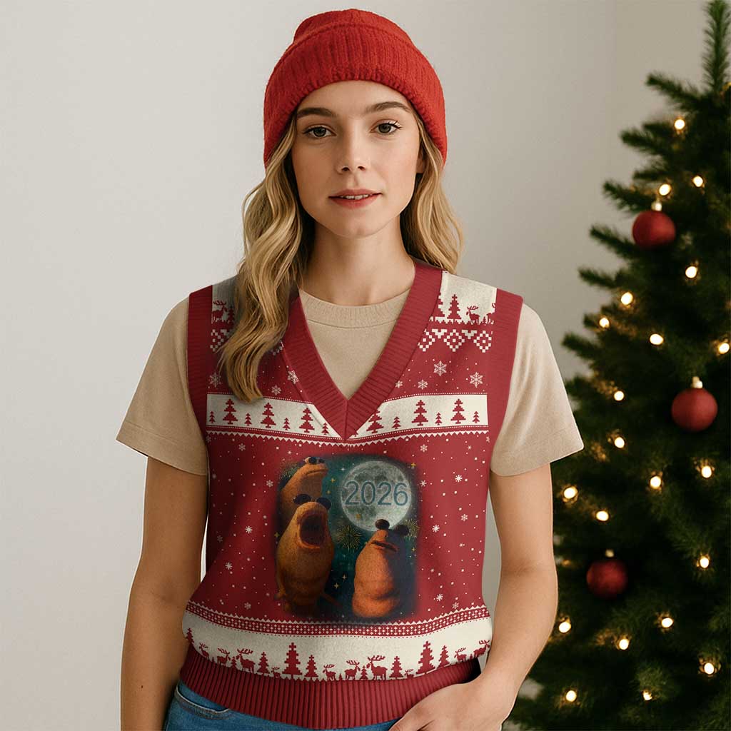 Funny Marcus The Worm New Year V-Neck Knit Sweater Vest Happy New Year 2026 Moon NYE Party TS11 Red Beige Print Your Wear
