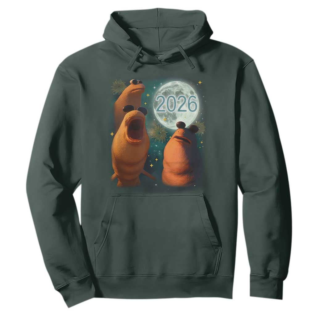 Funny Marcus The Worm New Year Hoodie Happy New Year 2026 Moon NYE Party TS11 Dark Forest Green Print Your Wear