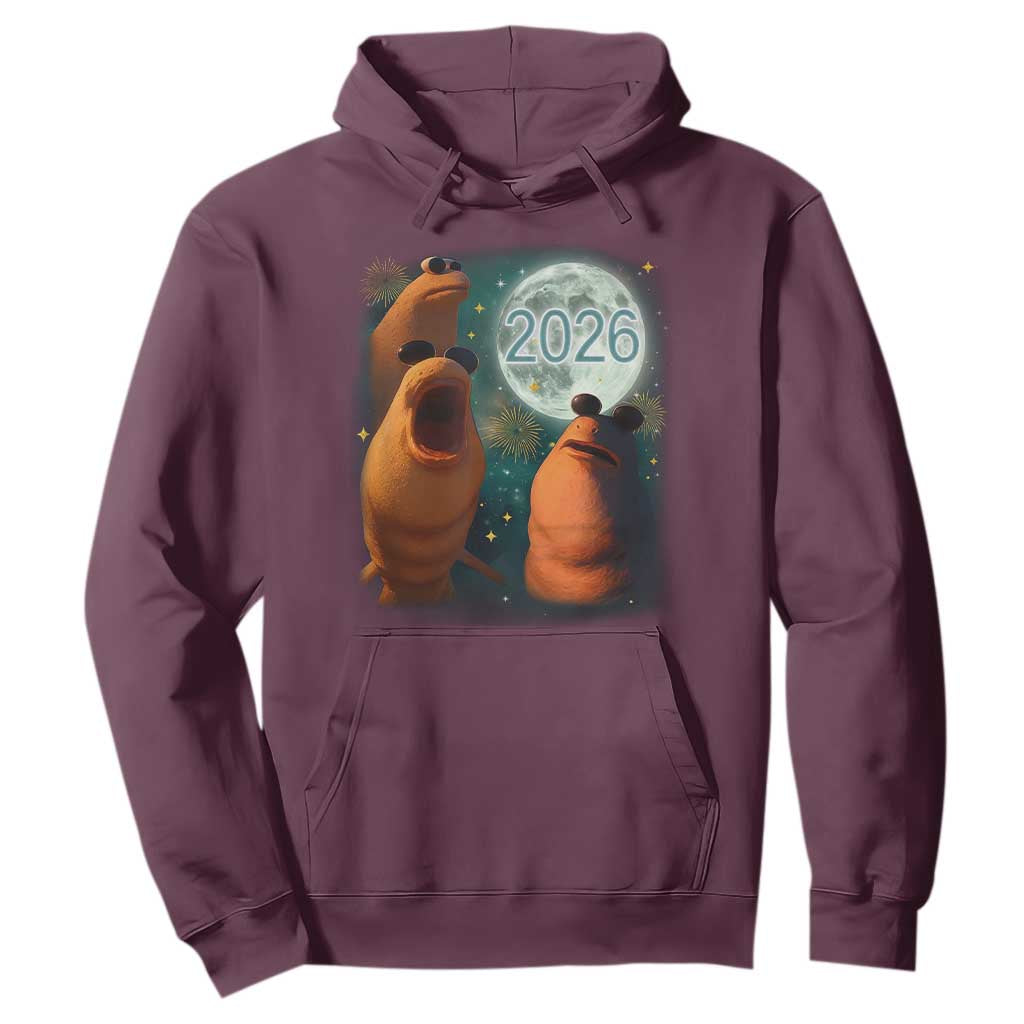 Funny Marcus The Worm New Year Hoodie Happy New Year 2026 Moon NYE Party TS11 Maroon Print Your Wear