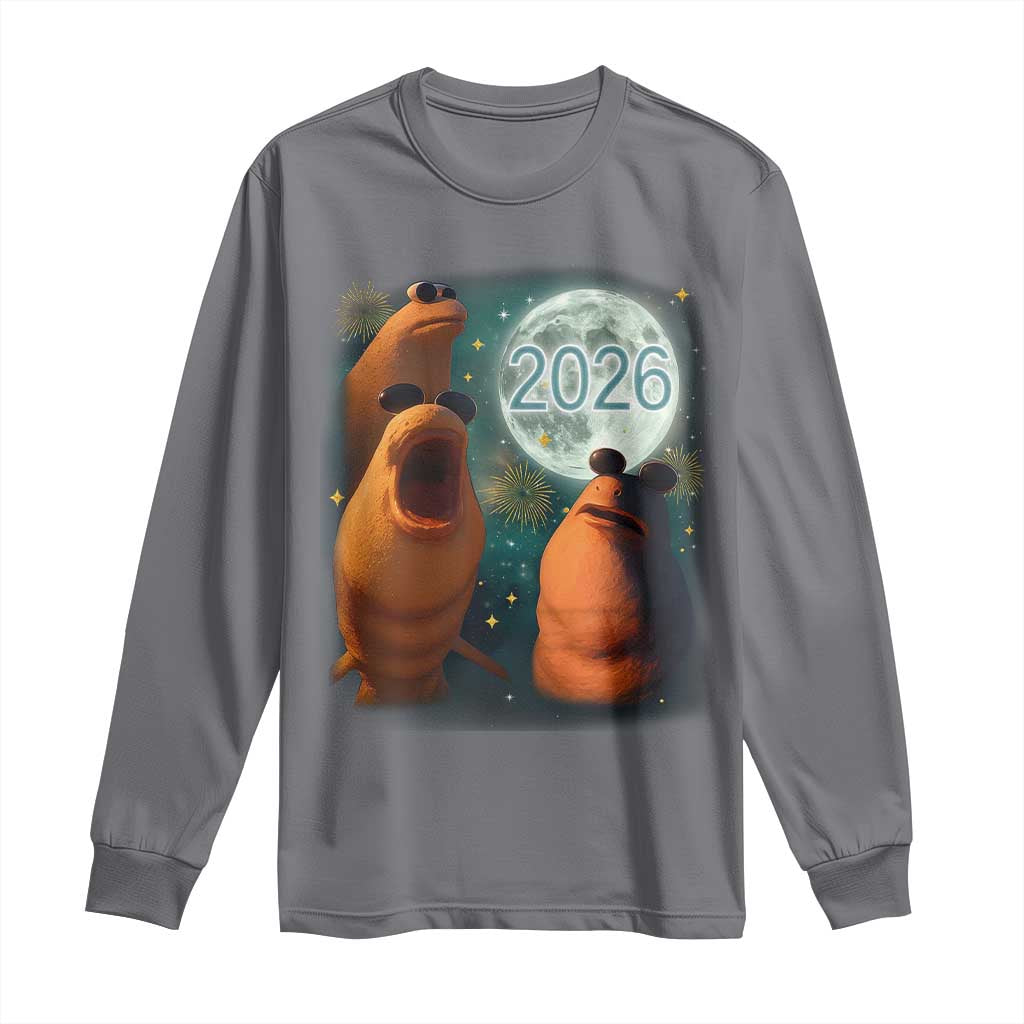 Funny Marcus The Worm New Year Long Sleeve Shirt Happy New Year 2026 Moon NYE Party TS11 Charcoal Print Your Wear