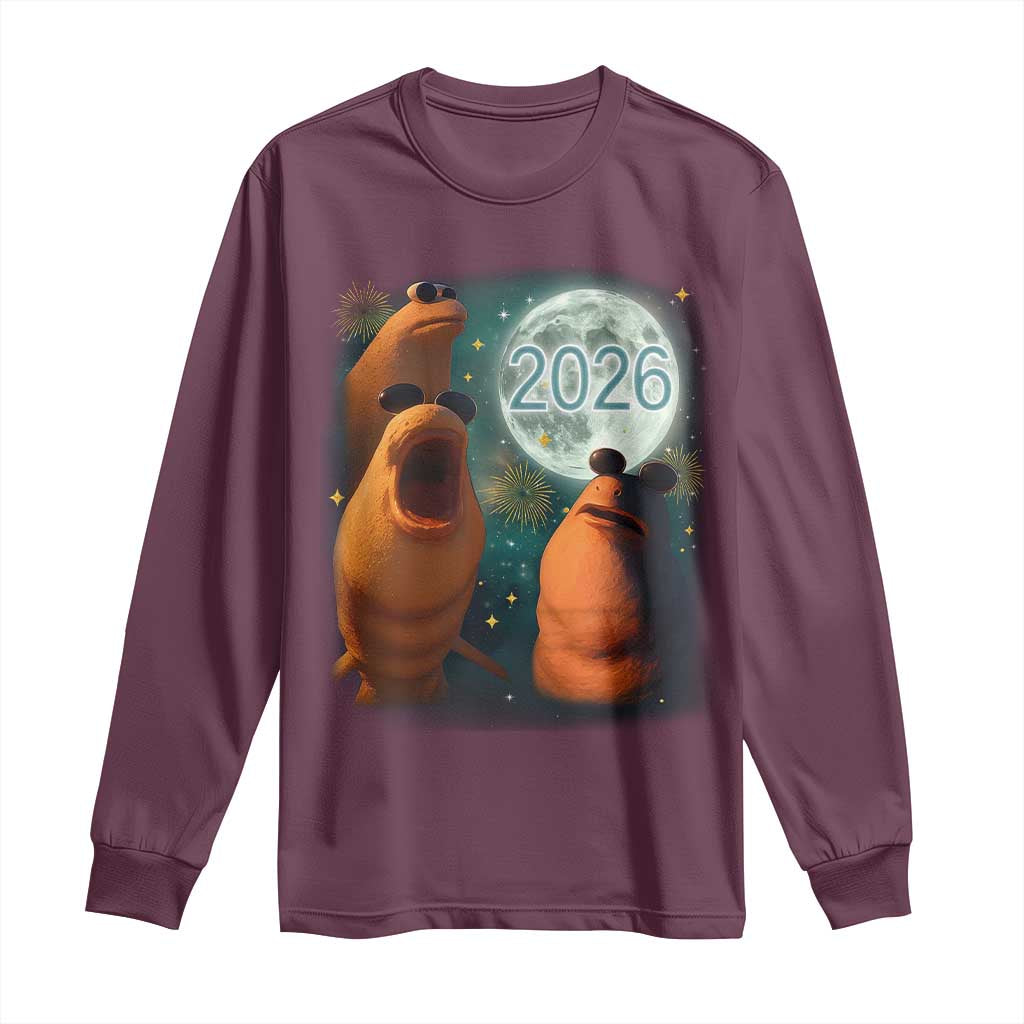 Funny Marcus The Worm New Year Long Sleeve Shirt Happy New Year 2026 Moon NYE Party TS11 Maroon Print Your Wear