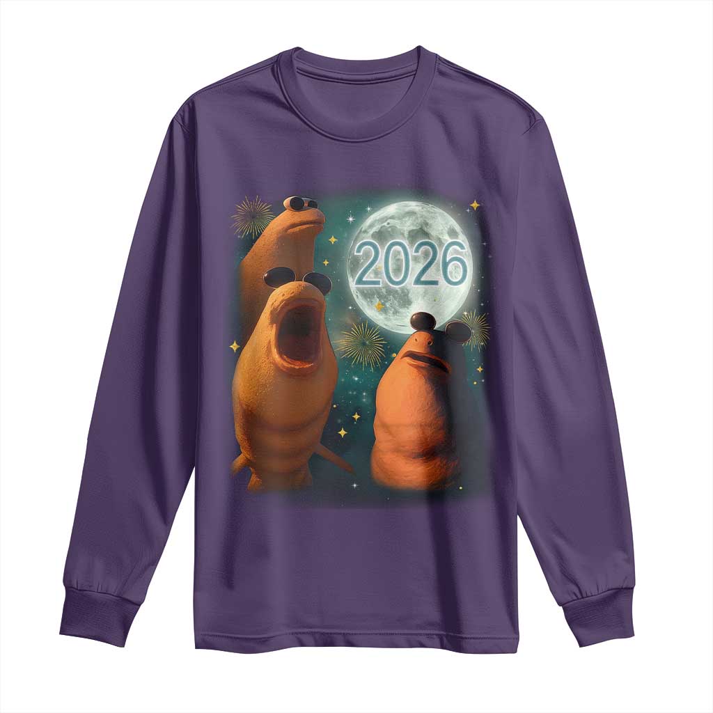 Funny Marcus The Worm New Year Long Sleeve Shirt Happy New Year 2026 Moon NYE Party TS11 Purple Print Your Wear