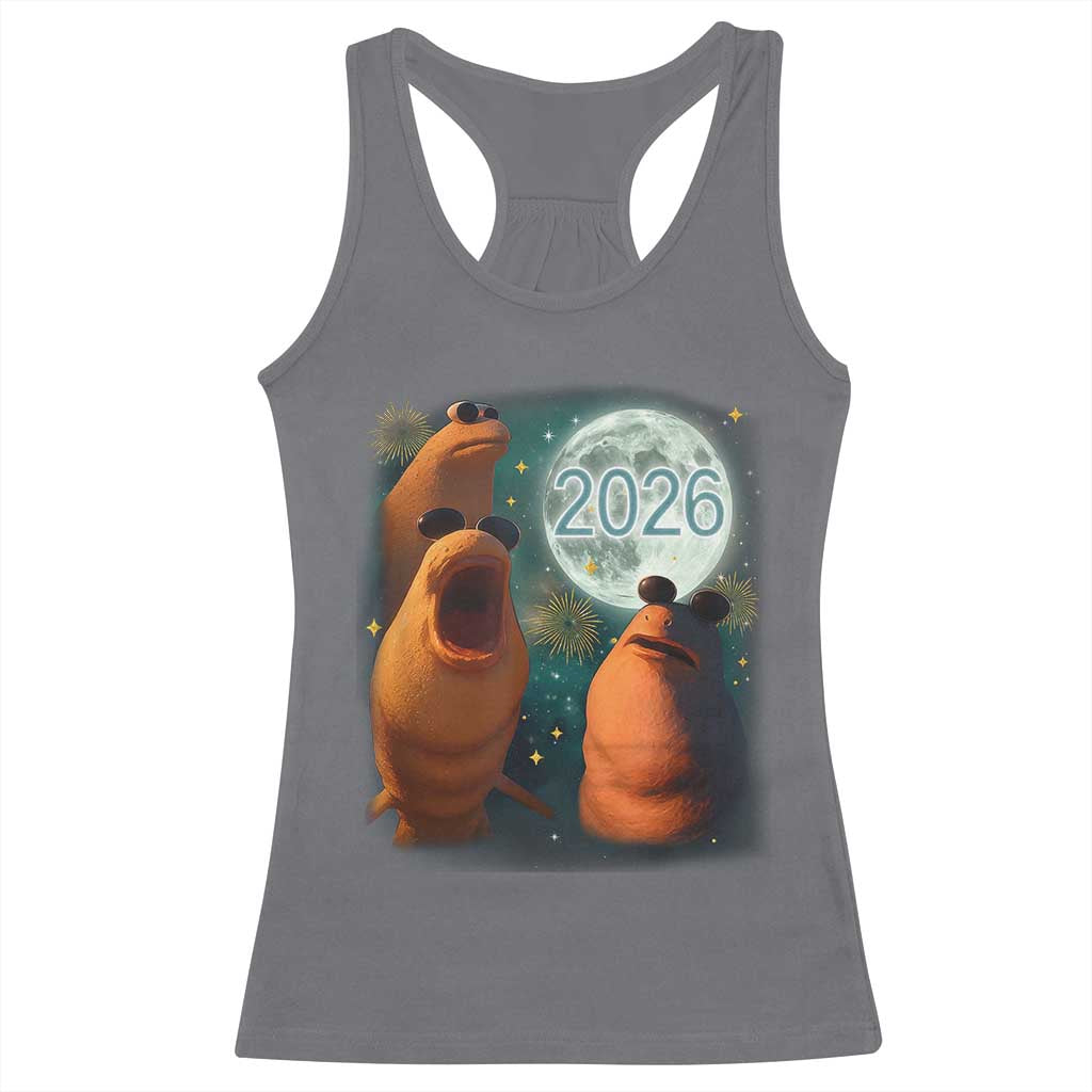 Funny Marcus The Worm New Year Racerback Tank Top Happy New Year 2026 Moon NYE Party TS11 Charcoal Print Your Wear