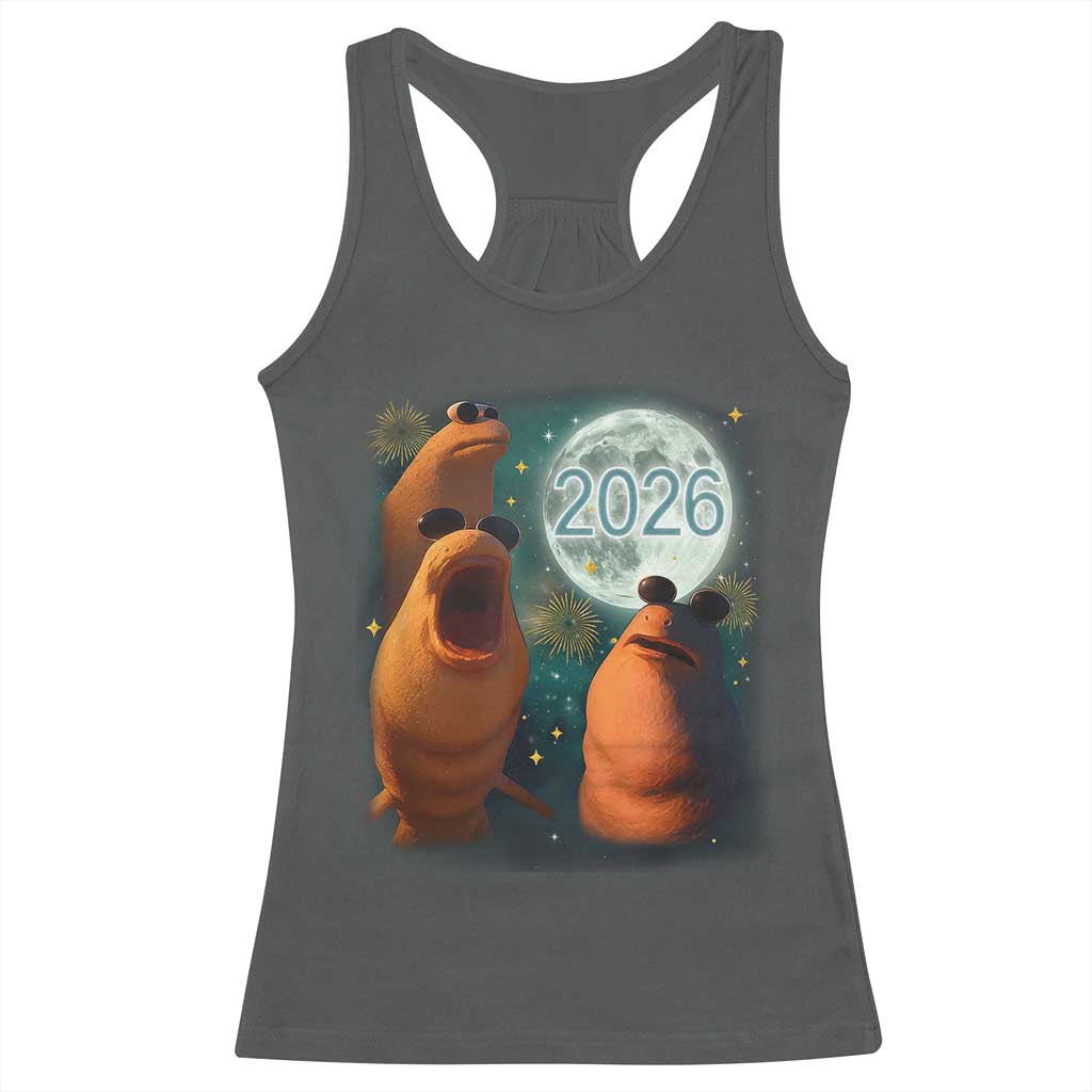 Funny Marcus The Worm New Year Racerback Tank Top Happy New Year 2026 Moon NYE Party TS11 Dark Heather Print Your Wear
