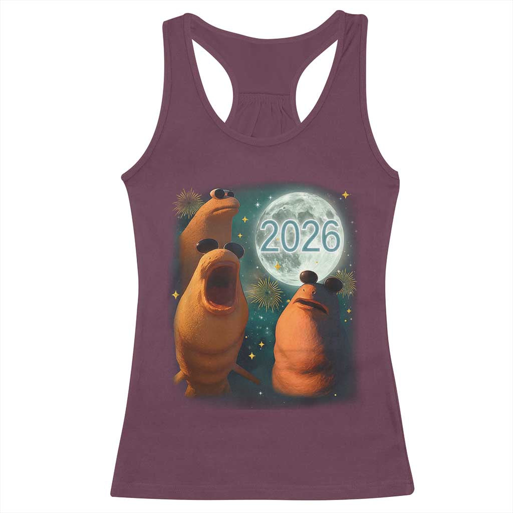 Funny Marcus The Worm New Year Racerback Tank Top Happy New Year 2026 Moon NYE Party TS11 Maroon Print Your Wear