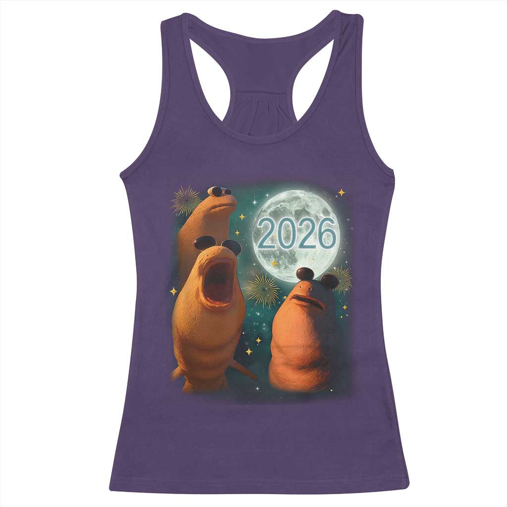 Funny Marcus The Worm New Year Racerback Tank Top Happy New Year 2026 Moon NYE Party TS11 Purple Print Your Wear