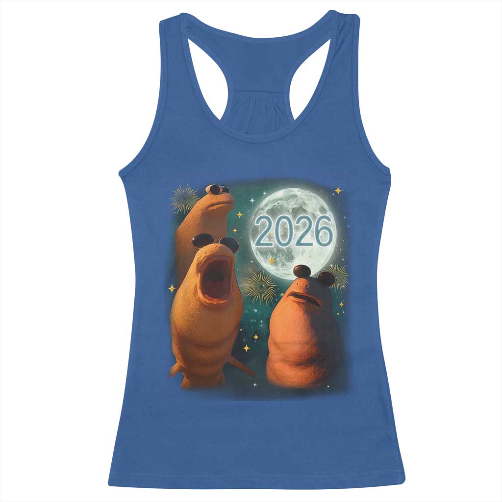 Funny Marcus The Worm New Year Racerback Tank Top Happy New Year 2026 Moon NYE Party TS11 Royal Blue Print Your Wear