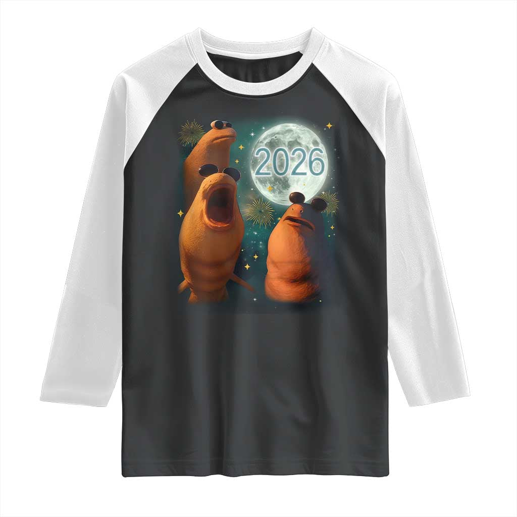 Funny Marcus The Worm New Year Raglan Shirt Happy New Year 2026 Moon NYE Party TS11 Black White Print Your Wear