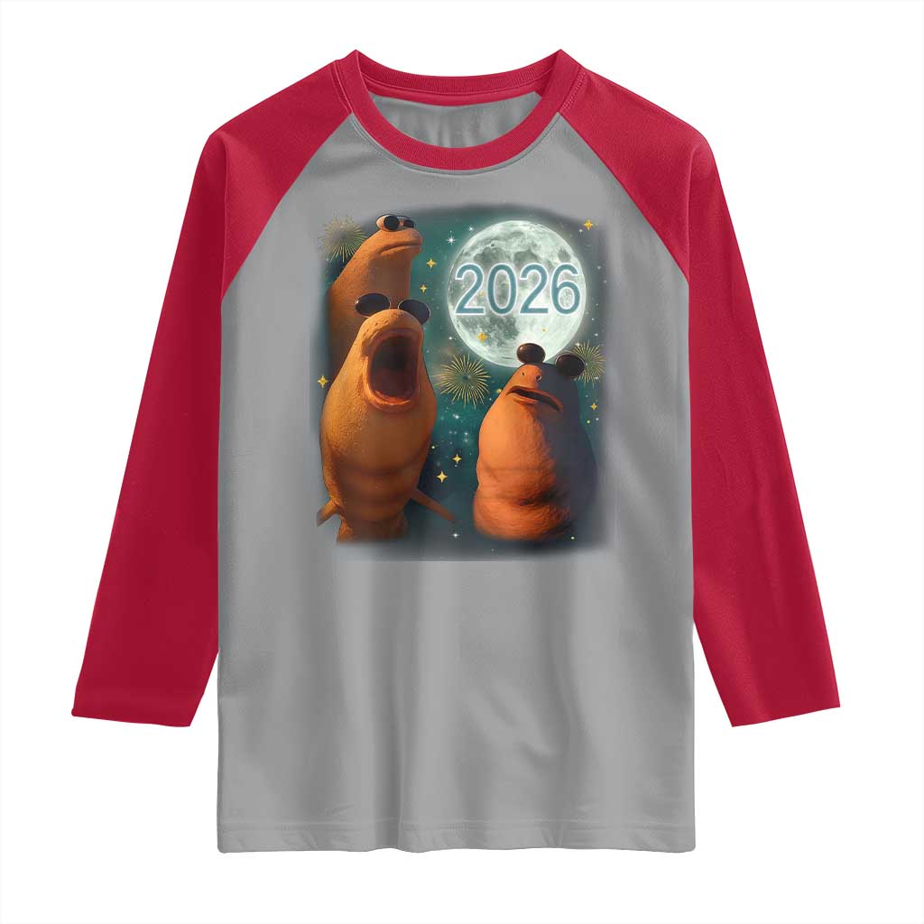 Funny Marcus The Worm New Year Raglan Shirt Happy New Year 2026 Moon NYE Party TS11 Sport Gray Red Print Your Wear